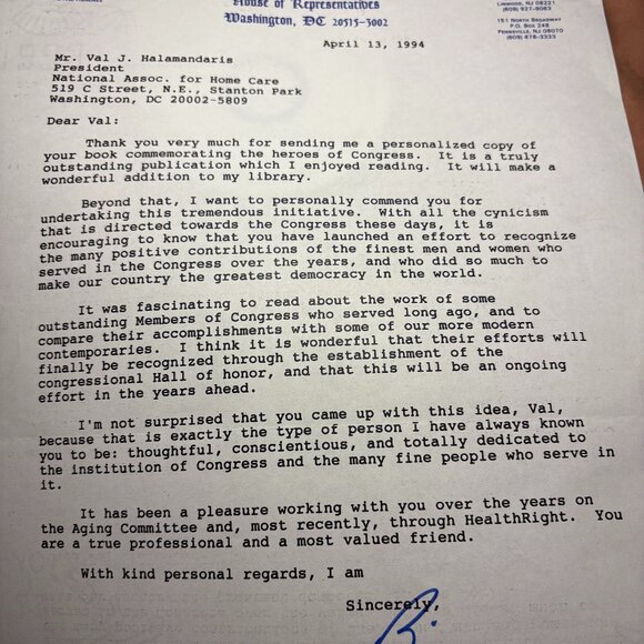 Congressman William J. Hughes Signed Autograph Letter 1994 – New Jersey 2nd - Picture 1 of 1